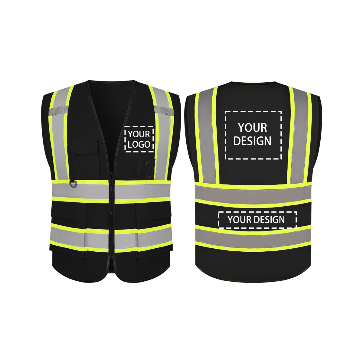 ProVisGear ProShield™ Black Safety Vest Custom Logo Vest with 5 Pockets and Zipper Class 2 Hi-Vis Vest Work Safety Vest