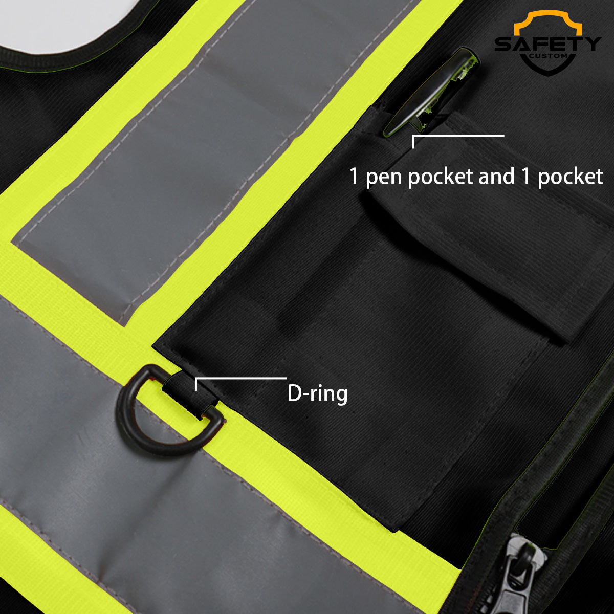 ProVisGear ProShield™ Black Safety Vest Custom Logo Vest with 5 Pockets and Zipper Class 2 Hi-Vis Vest Work Safety Vest