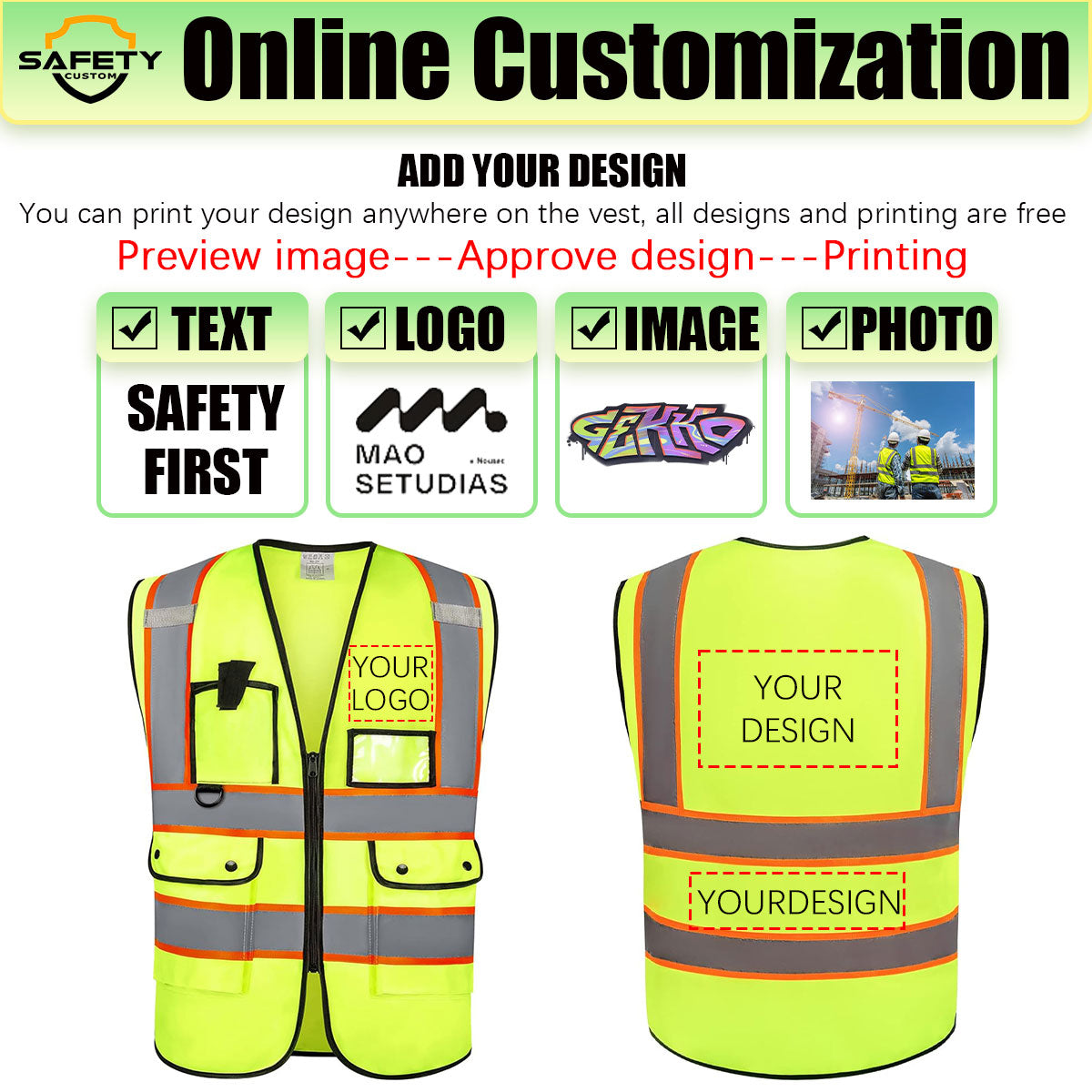 ProVisGear ProShield™ Custom Logo Safety Vest Customize Class 2 Visibility Vests Bulk with Pockets and Zipper