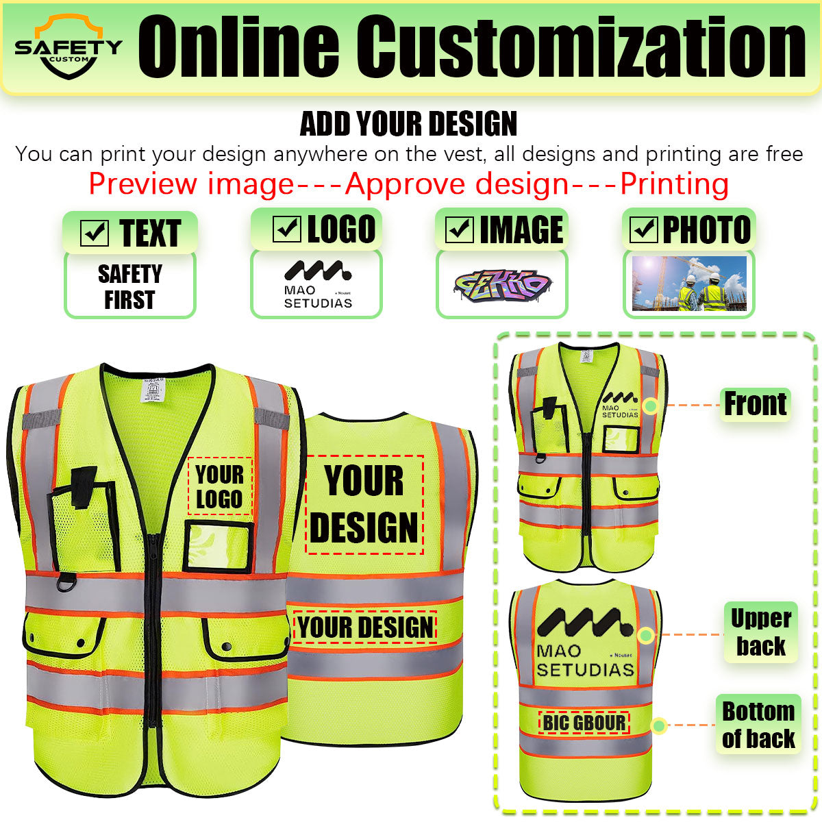 ProVisGear ProShield™ Custom Safety Vest With Logo Vest Class 2 Safety Vests Mesh Breathable With Pockets Zipper Hi-Vis Outdoor Protective Workwear