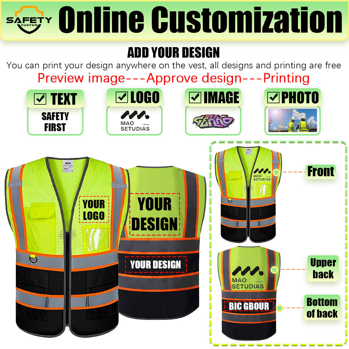 ProVisGear ProShield™ Custom Mesh Safety Vest Custom Logo Class 2 Hi-Vis Vest with Pockets Construction Workwear