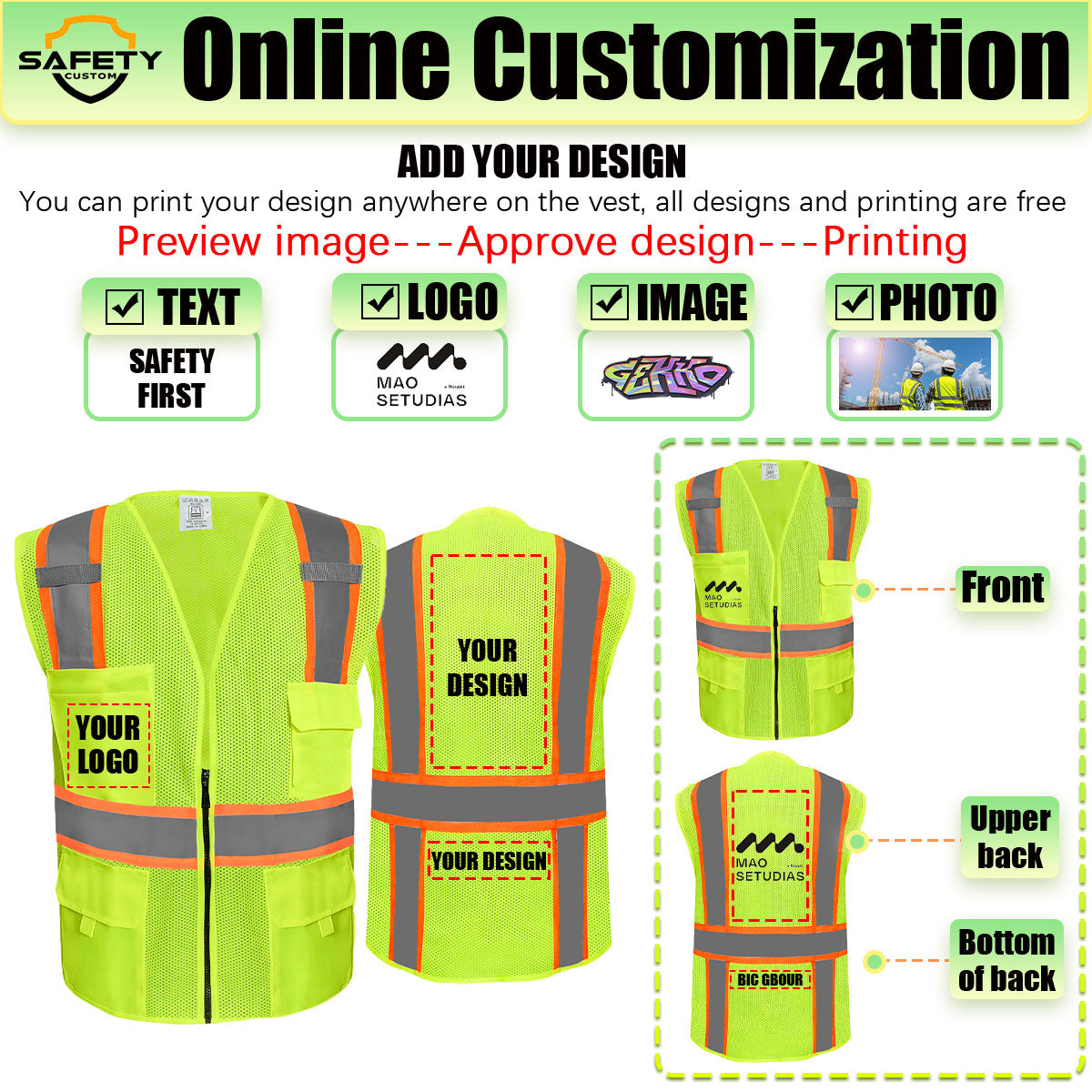ProVisGear ProShield™ Custom Logo Safety Vest, Safety Vest, Class 2 ANSI with 5 Pockets Zipper Hi-Vis Construction Uniform