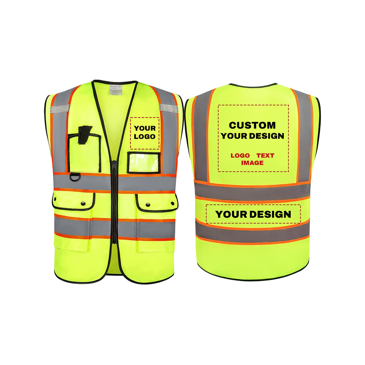 ProVisGear ProShield™ Custom Logo Safety Vest Customize Class 2 Visibility Vests Bulk with Pockets and Zipper