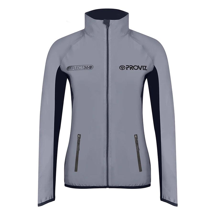 Proviz Reflect 360 women's running jacket in light grey with black side panels, full zip front, and zippered pockets.