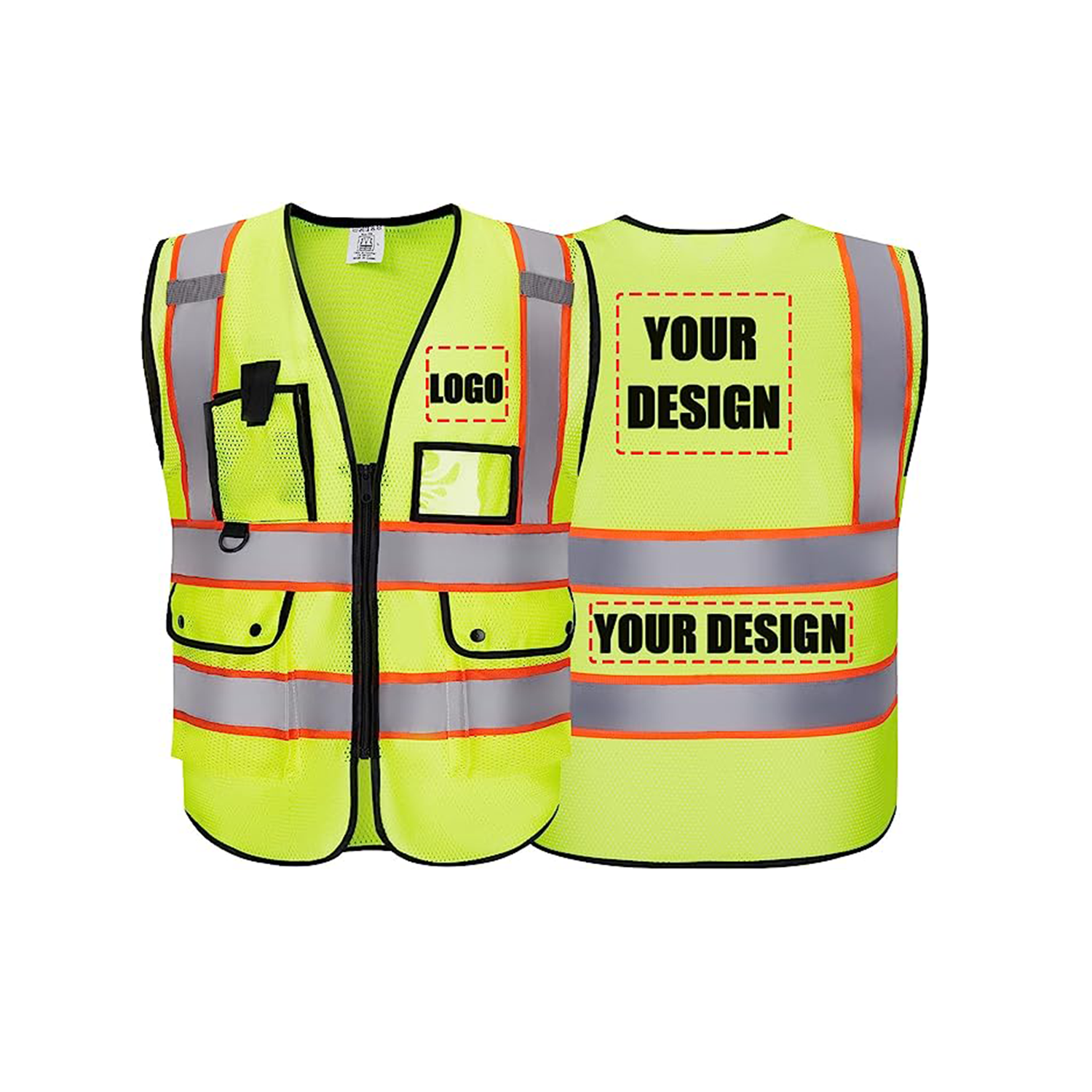 ProVisGear ProShield™ Custom Safety Vest With Logo Vest Class 2 Safety Vests Mesh Breathable With Pockets Zipper Hi-Vis Outdoor Protective Workwear